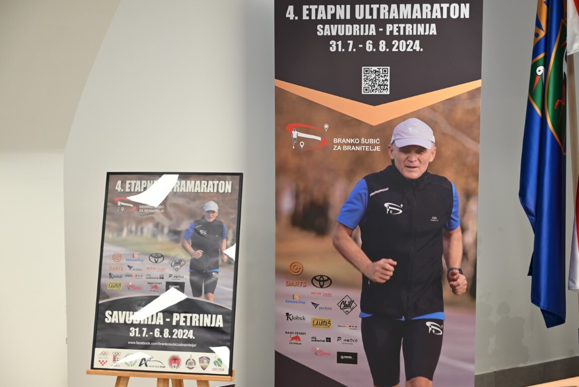 ČETVRTI ETAPNI ultramaraton Savudrija – Petrinja 2024. kreće iz Savudrije 31. srpnja, a završava 6. kolovoza u njegovoj rodnoj Petrinji. Cijelu akciju predstavili su župan Ivan Celjak i Branko Šubić